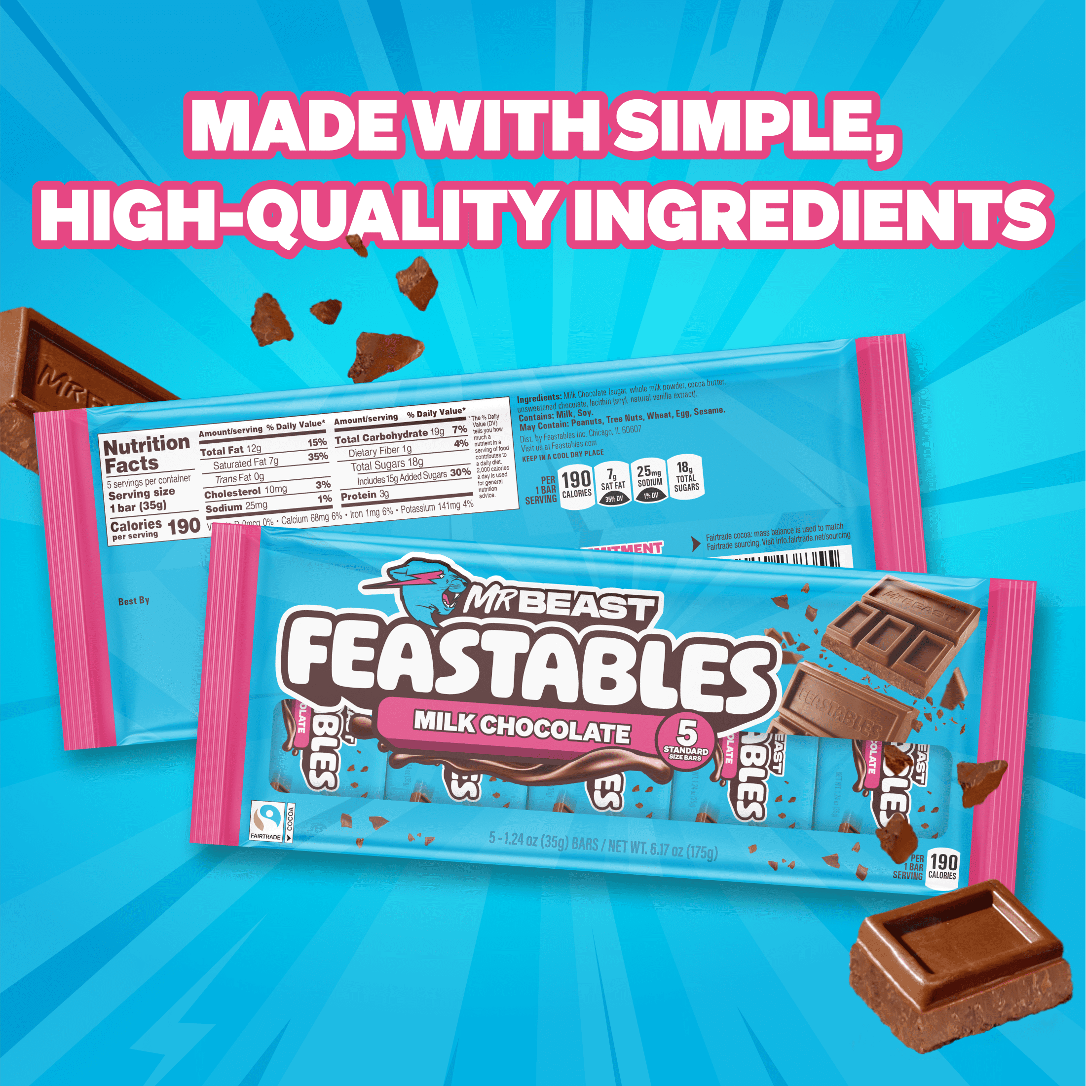 Feastables MrBeast Milk Chocolate Bar, 1.24 oz (35g), 5 Count