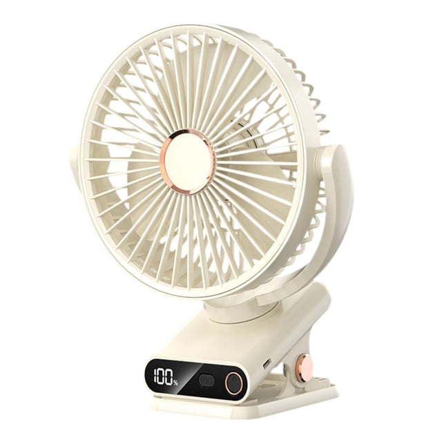 Clip portátil en ventilador con luz nocturna USB recargable Cabeza ajustable Ventilador de refrigeración personal Mini ventilador de escritorio para e beige