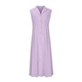 thumbnail image 4 of Linen Cotton Dress for Women V Neck Lapel Collared Full Button Down A-Line Dresses Sleeveless Petite Business Gauze Dresses Light Purple M, 4 of 6