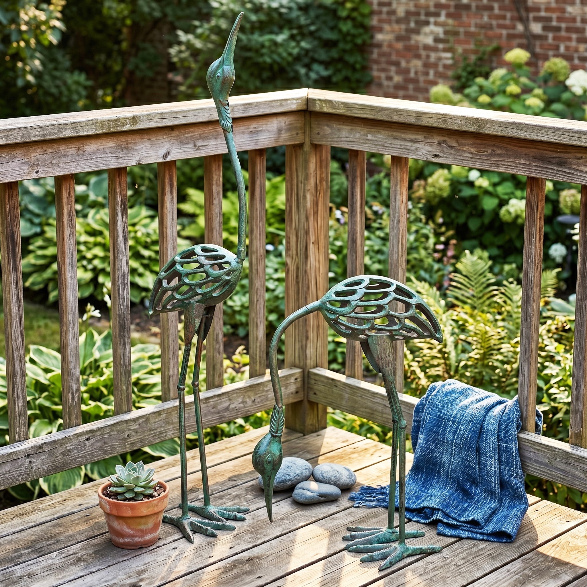 Seraphic Cast Iron Metal Crane/Heron Bird Garden Sculptures Statues for Indoor or Outdoor Lawn Decor, Antique Green, Set of 2
