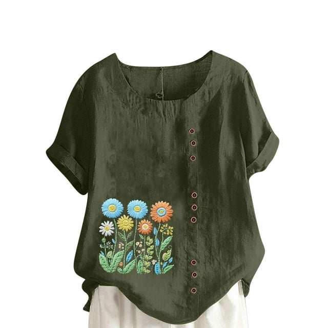 Vestidos Casuales Para Mujer, Blusas De Mujer De Moda Blusa tipo túnica informal de lino con estampado de peces del océano y botones de manga corta para mujer
