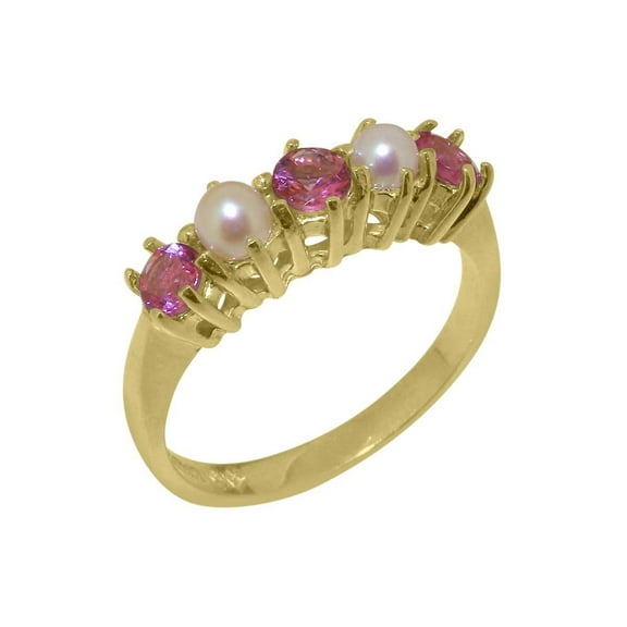 LBG British Made 14k Yellow Gold Natural Pink Tourmaline & Cultured Pearl Ladies Eternity Ring - 33 size options - Size 10