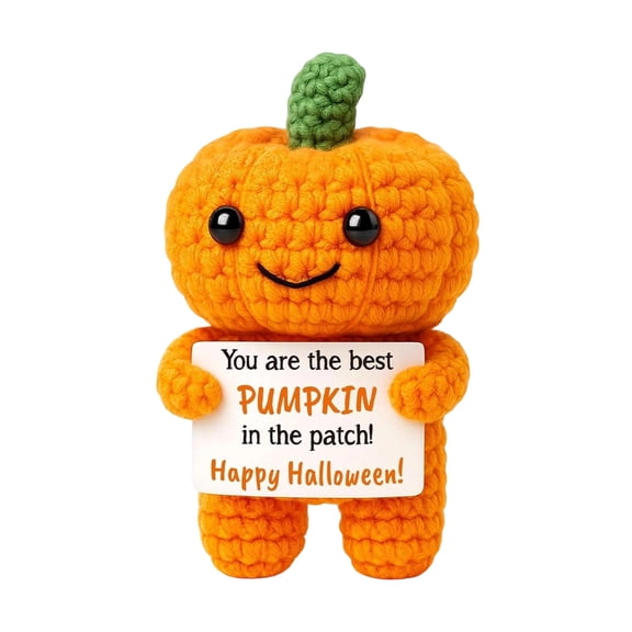 Crocheted Pumpkin Figurine | with Festive Sign and Green Hobby, 1 Piece, Orange and Green, for Halloween Home Decor, Decoration