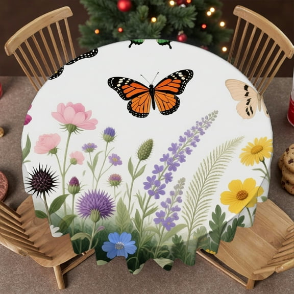Sage Green Leaves and Flowers with Butterflies tablecloth round, Holiday-Themed Design - Festive Table Setting Tablecloth for dining table round, Cafe, dinner, brunch, buffet, picnic, 60x60 Inch