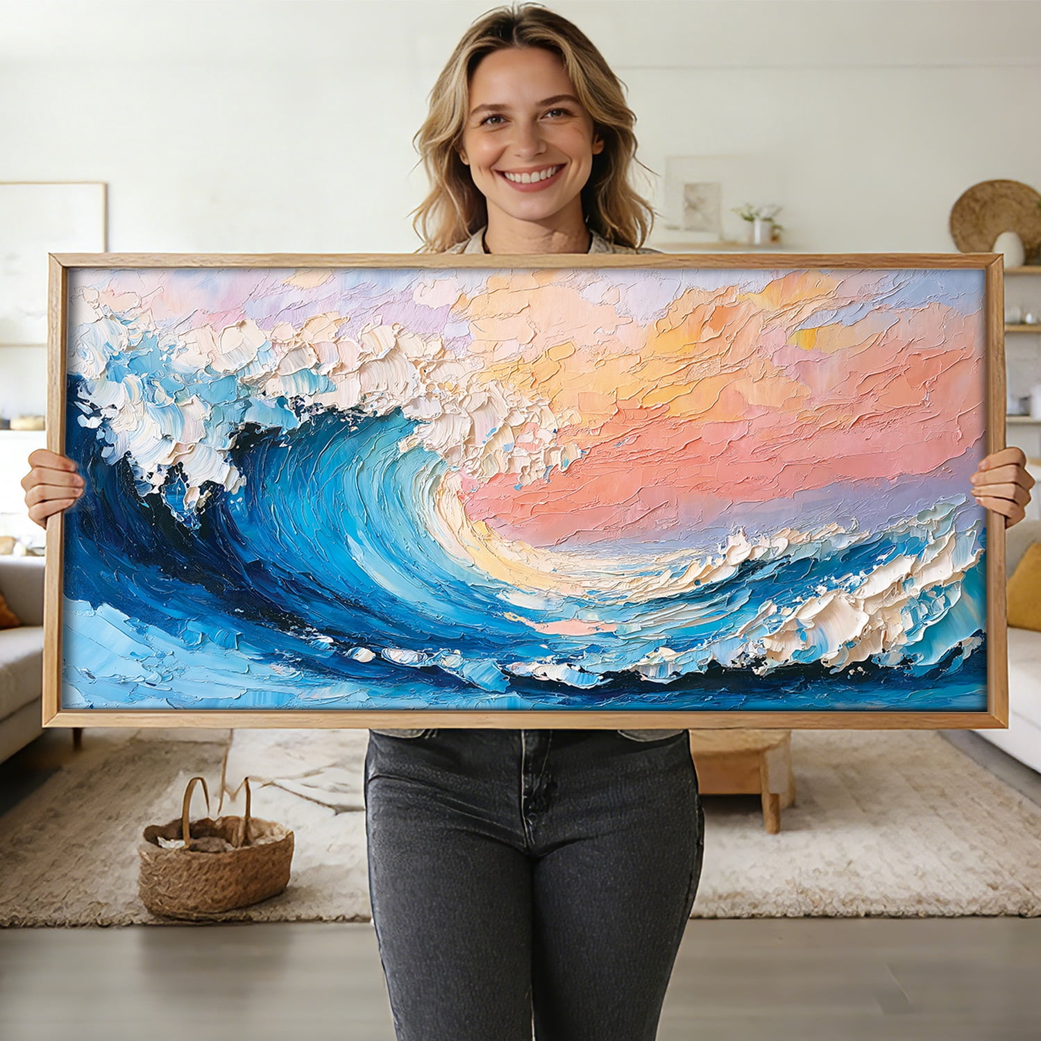 Ocean Wall Art Framed Sea Wave Wall Decor Abstract Coastal Canvas Wall Painting Blue and White Ocean Wall Prints for Living Room Bedroom Office 20X40 In