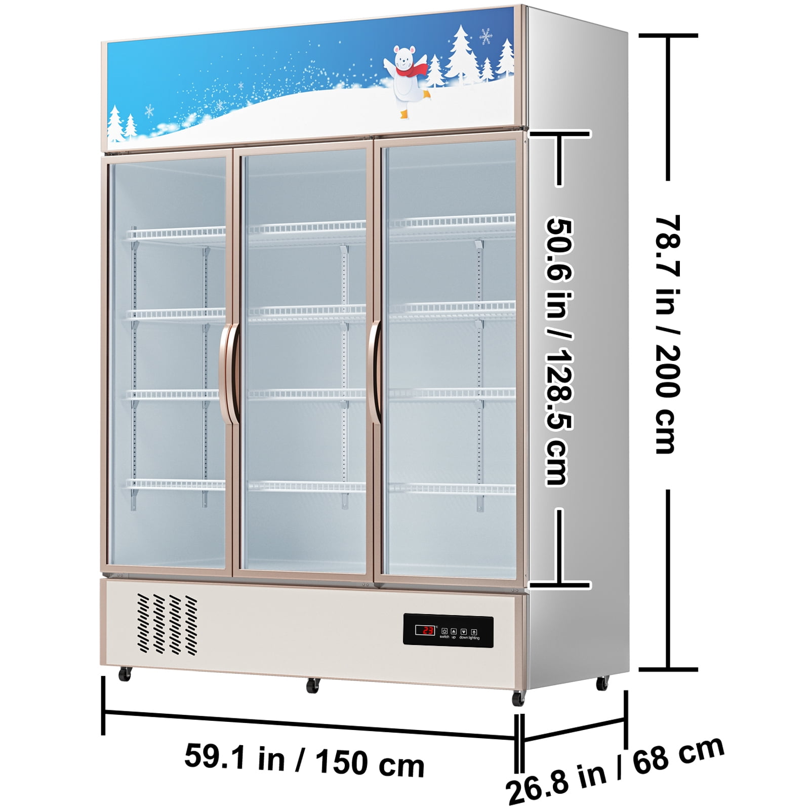 KFFKFF Commercial Merchandiser Refrigerator, Triple Glass Doors, 31.6 Cubic Ft, Upright Display Beverage Cooler, 79" Tall x 60" Width, Fridge with LED Lighting for Drink Wine Soda, Gold