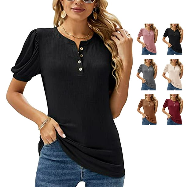 Puff Sleeve Top, Easily Match Classic Button Front Round Neck