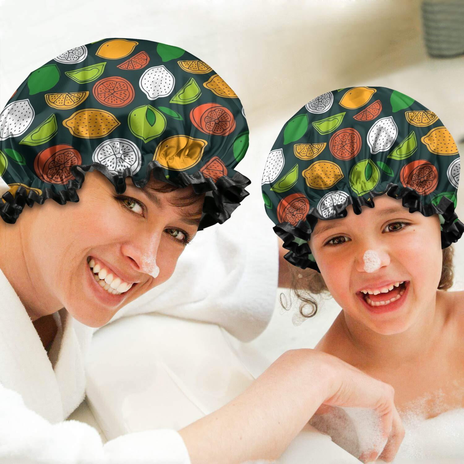 Shower Caps,Lemon Mixed Citrus Fruits DarkGreen Pattern Waterproof Shower Cap for Women 4 Pieces,Double Reusable Hair Cover for Shower PEVA Elastic Stretch Hem