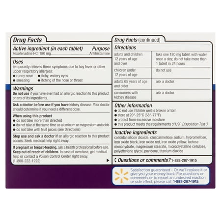 Equate Non-Drowsy Allergy Relief Tablets, 180 mg, 15 Count