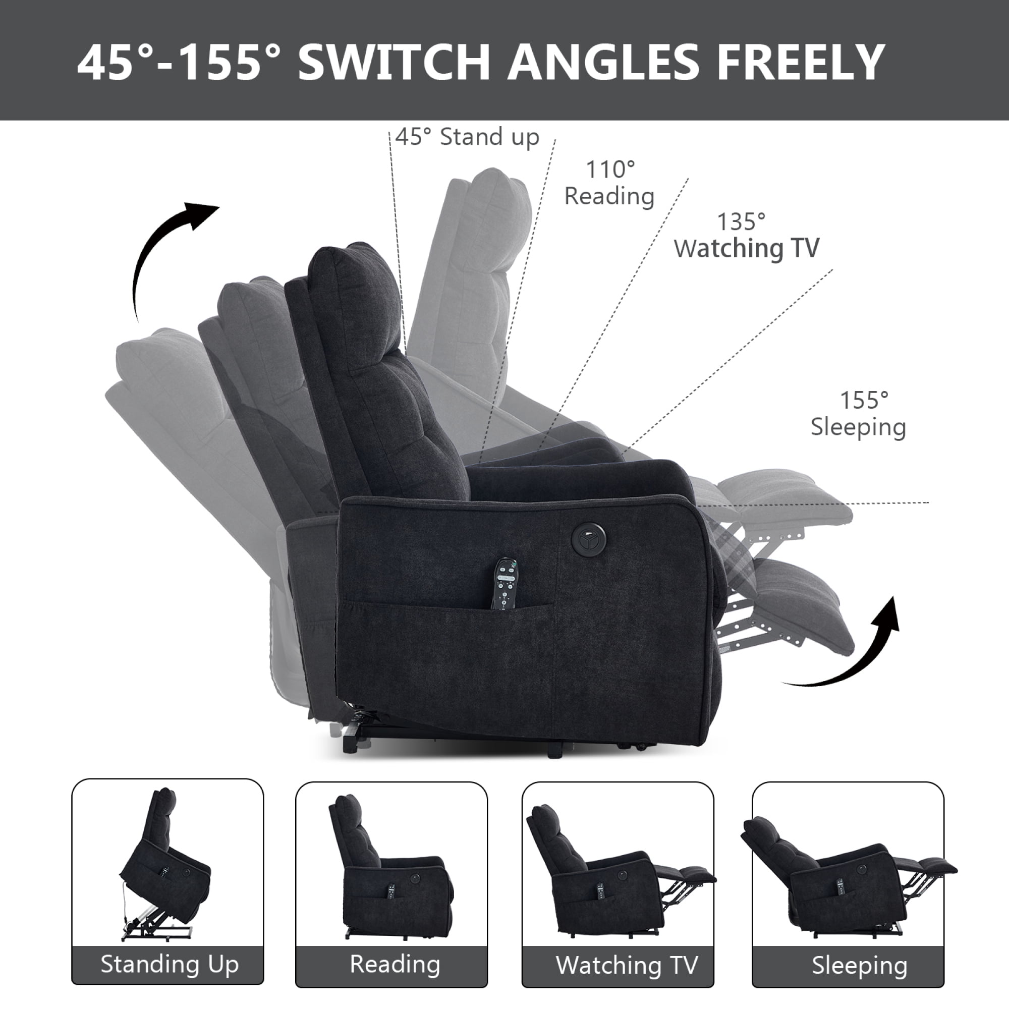 Leumius Power Lift Recliner Chair with Massage and Heat for Elderly,Heavy Duty Electric Reclining Chair with Side Pockets,USB Charge Port for Living Room,Black+Chenille