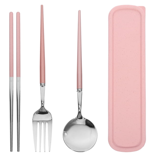 3 Pcs 304 Stainless Steel Tableware Set Portable Chopsticks Spoon Fork Set Outdoor Camping Cutlery Set Travel Dinnerware with Case for Adults (Pink)