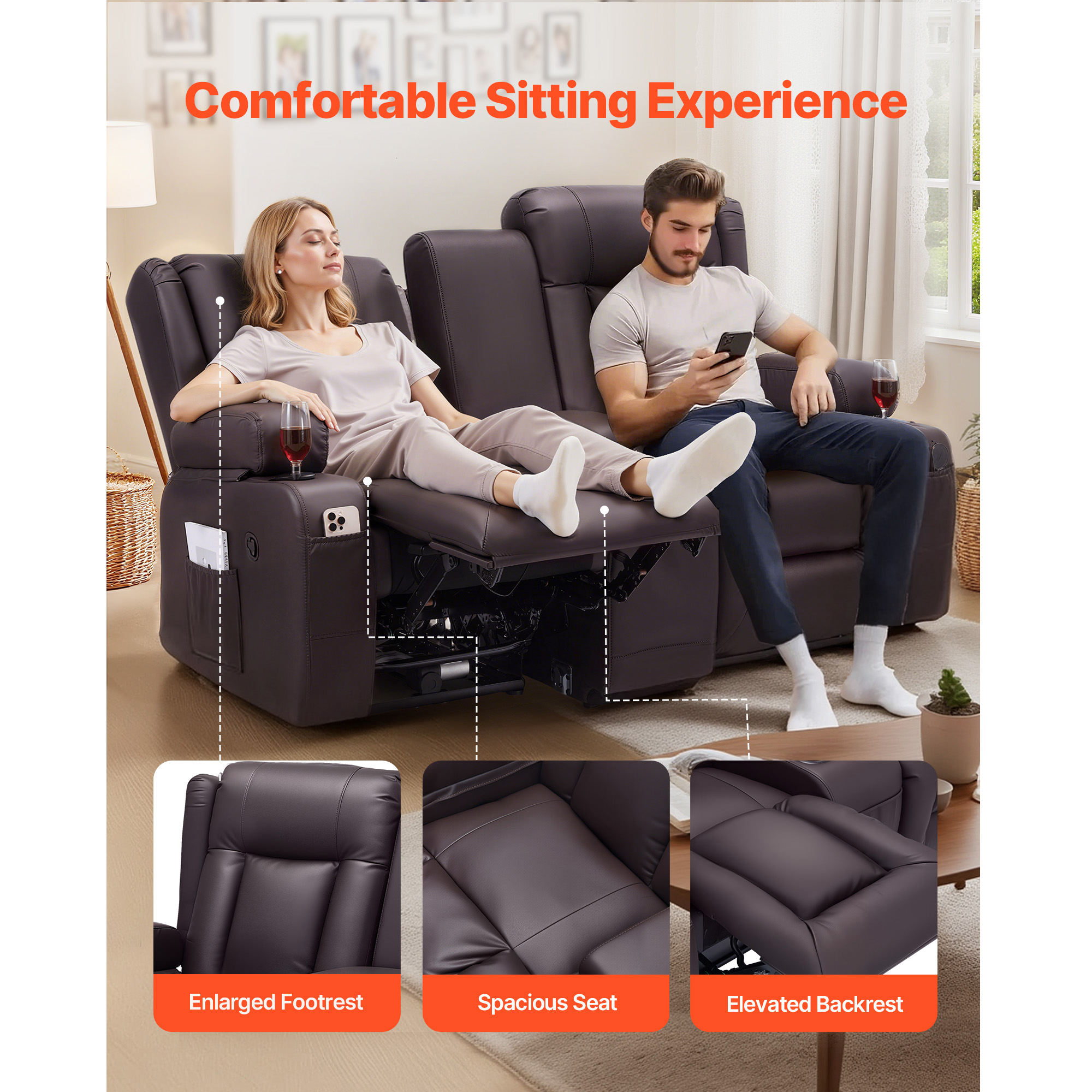 KFFKFF Manual Reclining Loveseat Sofa with Center Console, Faux Leather Upholstery, USB Ports, Cup Holders, and Storage Pockets, Dual Recliner Chair for Living Room or RV, Brown