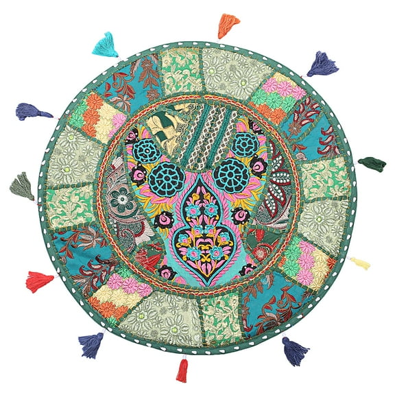 Stylo Culture Ethnic Round Throw Pillow Covers For Couch Vintage Patchwork Floor Cushion Cover Dark Hunter Green Big Floor Pillows 22x22 Decorative Seating Tuffet Pouf Cover Cotton Embroidered 1 Pc