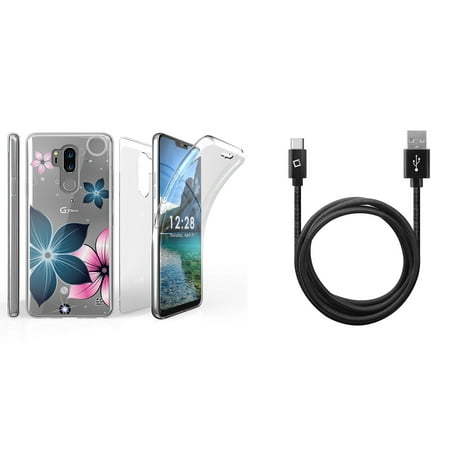 Tri Max LG G7 ThinQ Case Bundle with Ultra Slim Full Body Cover Case with Screen Protector (Mystic Flowers) with Heavy Duty Nylon Braided USB Type-C Cable (10 Feet), Atom Cloth for LG G7
