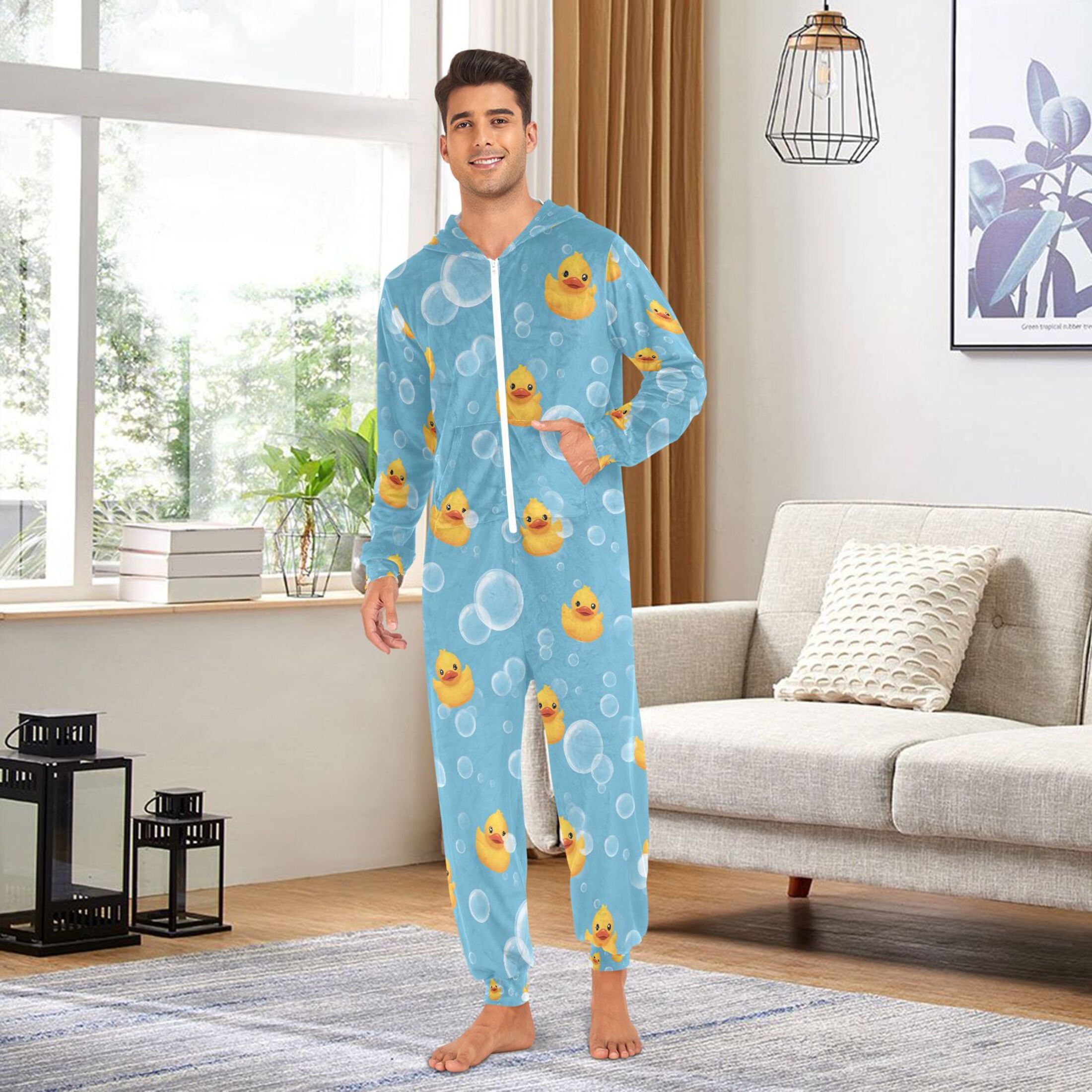 Adult Christmas Onesie Cartoon Yellow Duck Adult Zipper One-Piece Pajamas Unisex Pajamas with Pockets