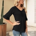 thumbnail image 3 of Camiseta Casual Falbala Cuello en V Media Manga Acampanada Tops Sueltos Básicos de Moda para Mujer, 3 of 6