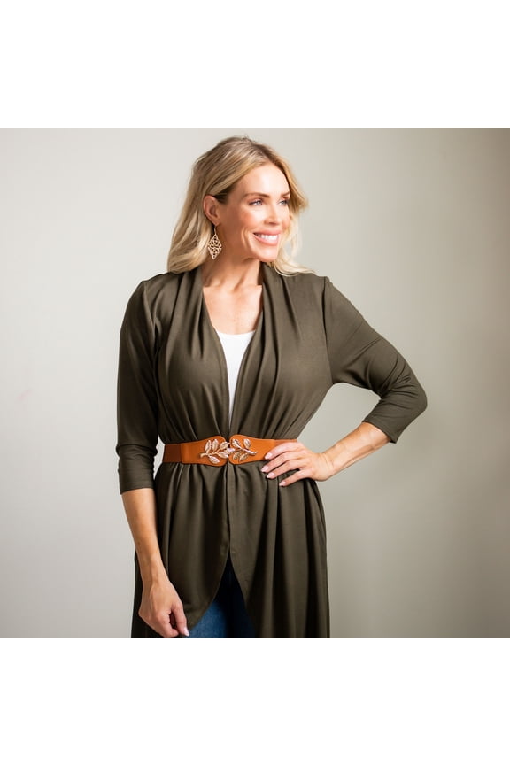 2XL Olive Long Sleeve Comfort Stretch Knit Denim Duster Cardigan with Pockets for Women