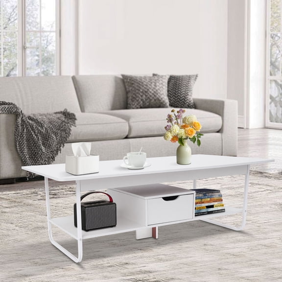 HOHOBLA Coffee Table Modern Minimalist Rectangular Center Table Living Room Easy Assembly Tea Table with Storage Shelf Space Saving End Table with Drawer 47 Inch White