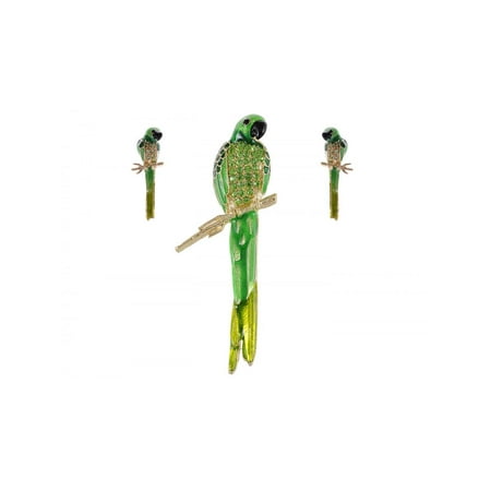 Parrot Pin Brooch - Golden Tone Light Green Rhinestones Bird Parrot Brooch Pin Stud Earrings Set