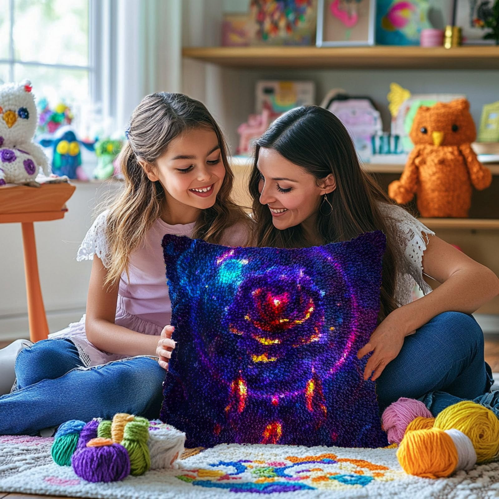 Luminescence Rose DIY Latch Hook Pillow Kits for Adults Printed Pillowcase Crochet Yarns Hooking Handmade Pillow Cover Cushion for Home Sofa Decoration 17x17inch(3)