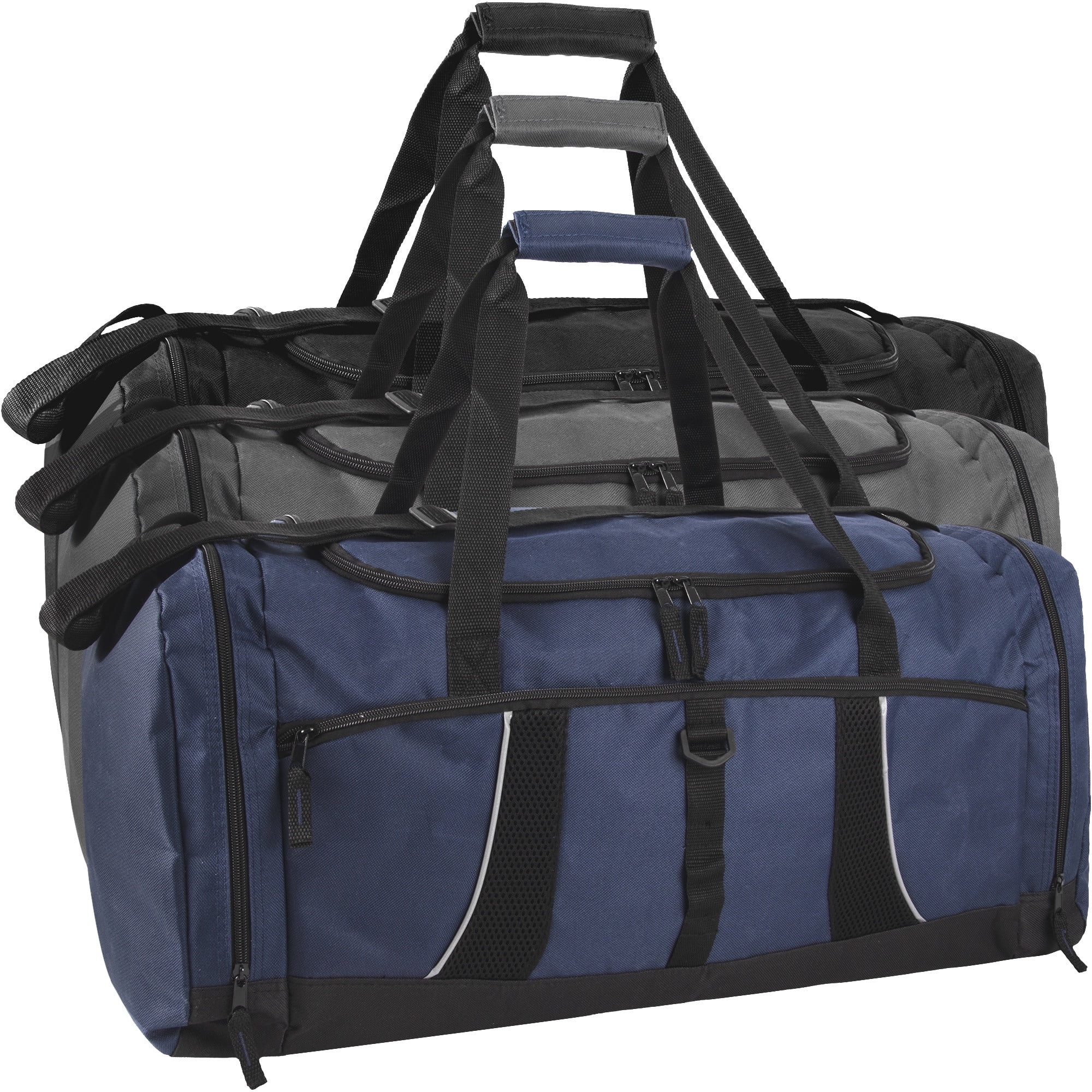 24 pack Extra Large 26 Inch 79 Liter Duffel Bags 48 Inch Shoulder Strap, Reflective Piping for Travel, Gym, Sports, Track, Field in Assorted Colors
