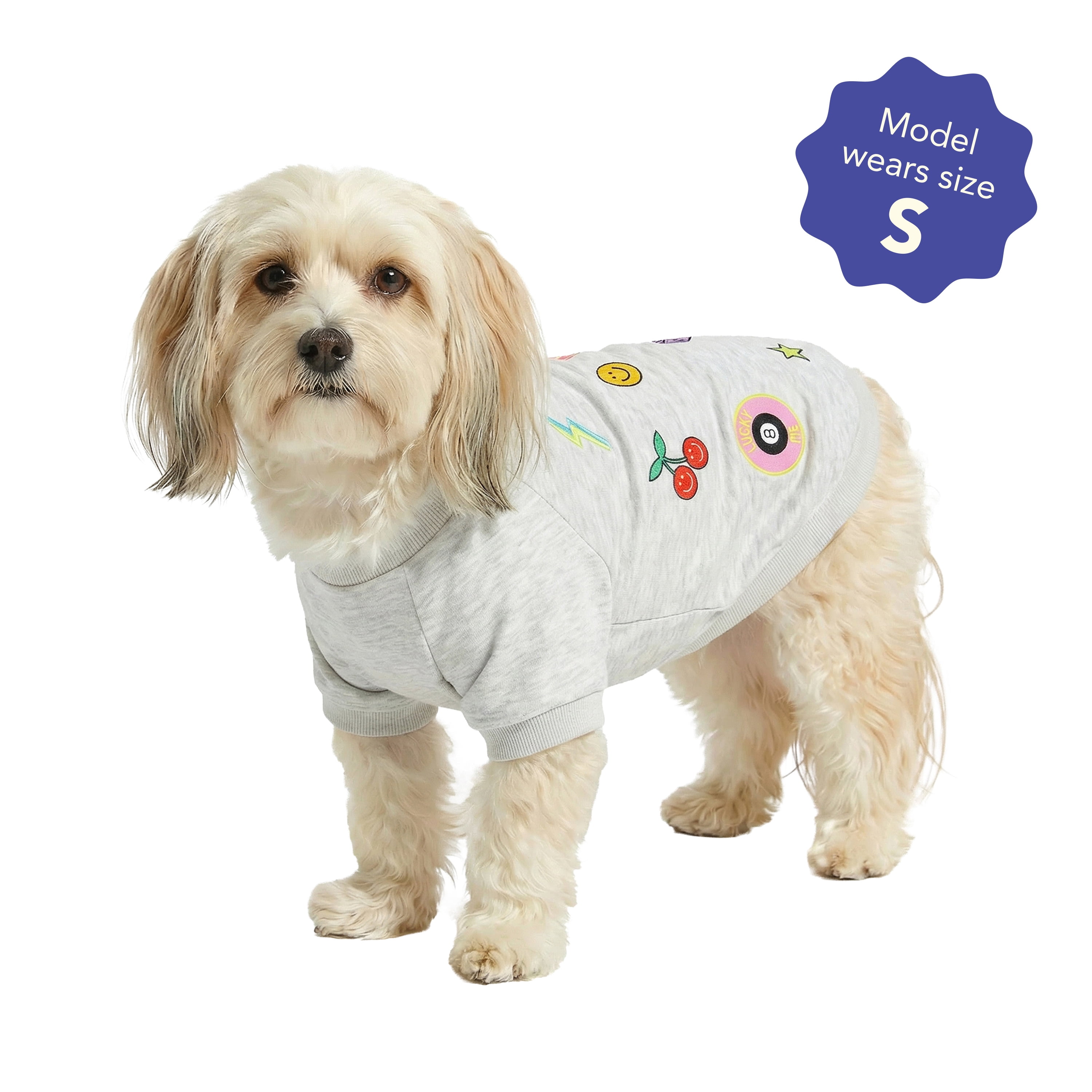 Oodles Gray Retro Patches Spring Dog Sweatshirt, Small
