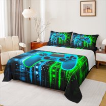 Feelyou 3D Game Console Full Size Sheets for Kids, Blue Green Stripes Abstract Bed Sheets, Video Game Controller Sheet Sets, Microfiber Bedroom Decor, 4 Pieces