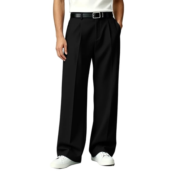 Mens Pleated Front Dress Pants, Relaxed Fit Wide Leg Formal Business Trousers with Belt Loops for Work Black L