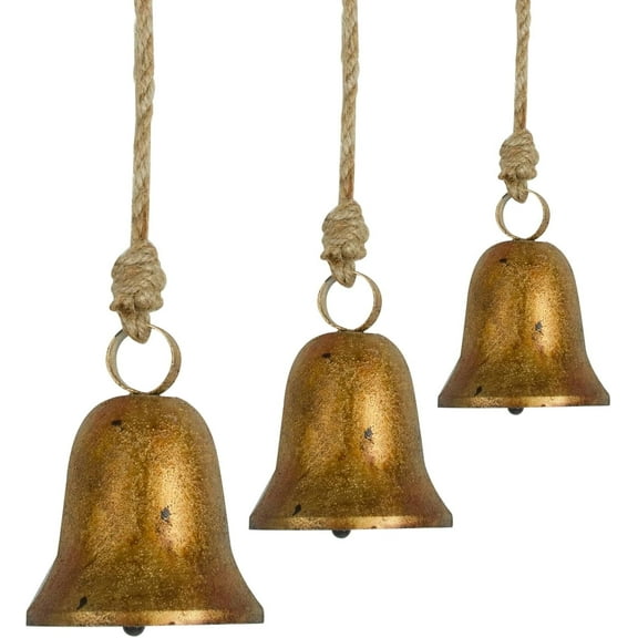 christmas bells, Metal Decorative Cow Bells Tibetan Inspired with Jute Hanging Rope, Set of 3 4.5 x 5.5 x 6H, Gold