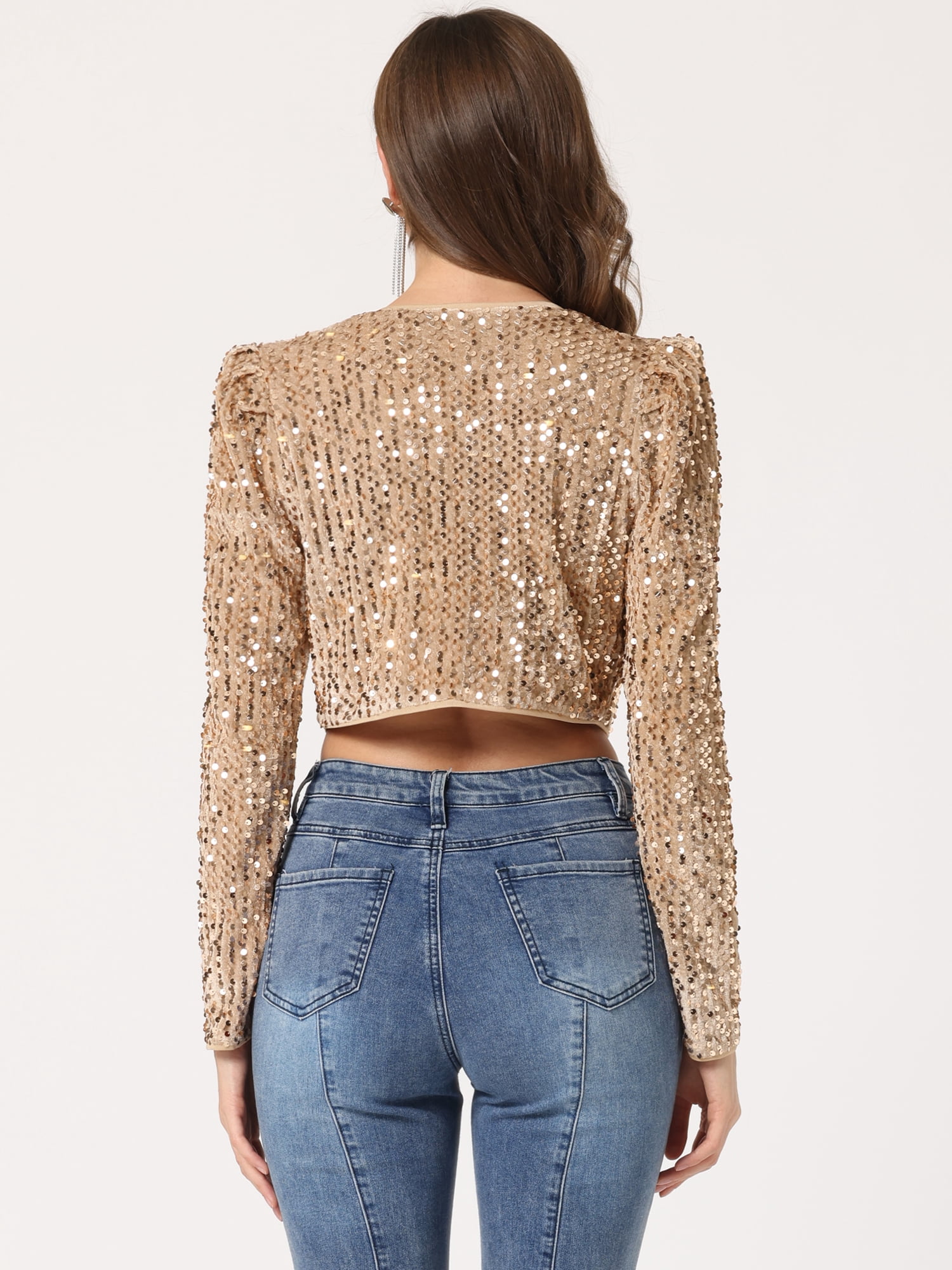 DARING DIVA Women's Sequin Open Front Crop Blazer Jacket L Champagne Gold