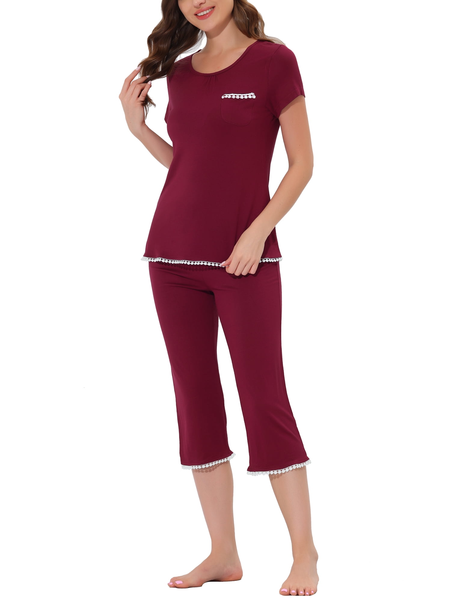 Unique Bargains Women's Lounge Pajama Round Neck Capri Nightwear Casual Sleepwear Sets