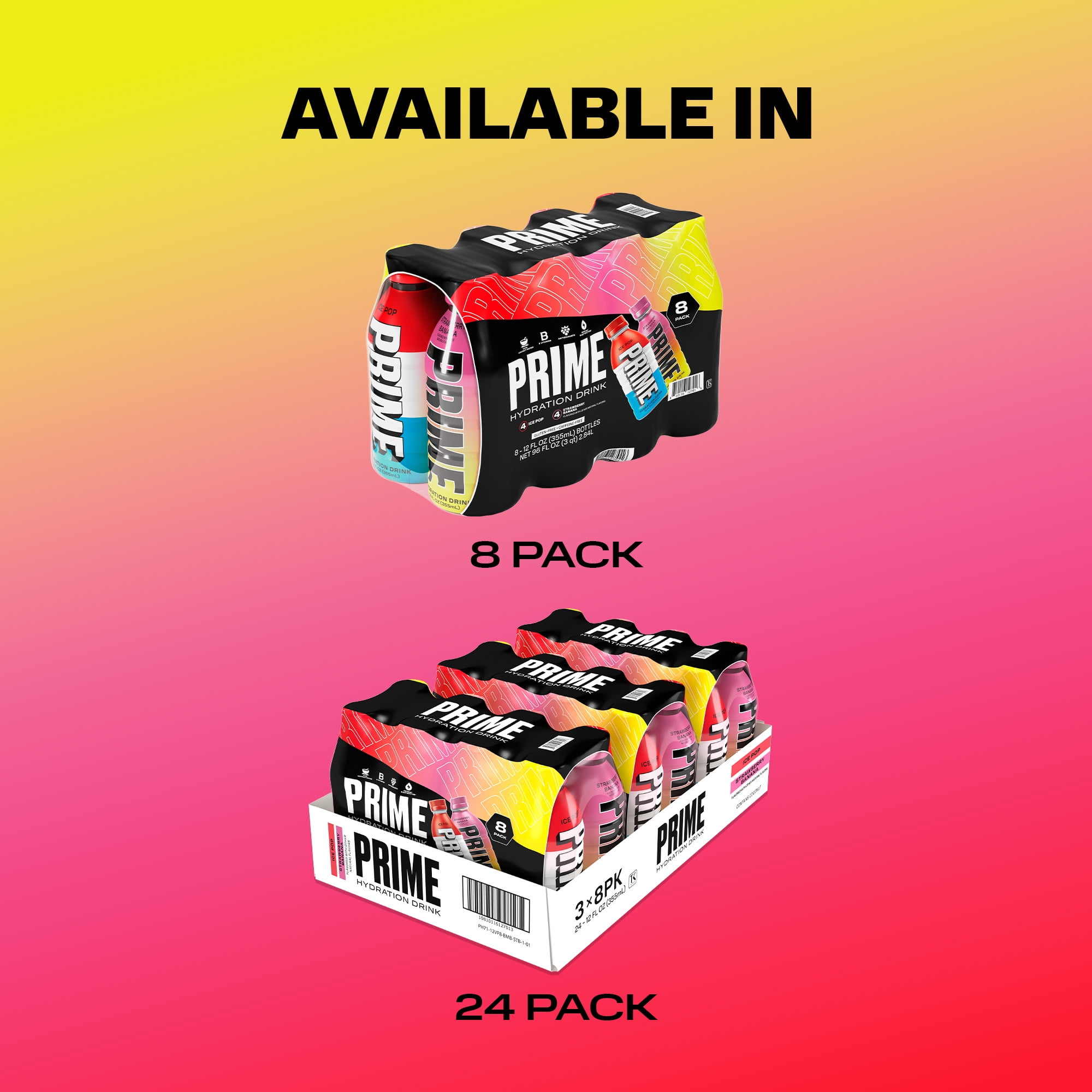 Prime Hydration Sports Drink, Duo Pack, Ice Pop, Strawberry Banana, 12 fl oz, 8 Pack, Bottles
