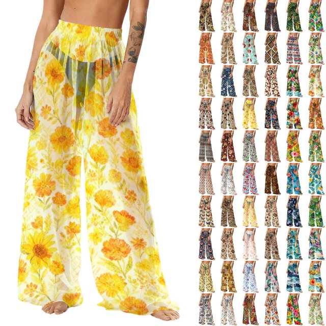 Pincandy Women See Through Sheer Mesh Pants Beach Swimsuit Bikini Bottom Cover up Party Club Elastic High Waist Wide Leg Pants