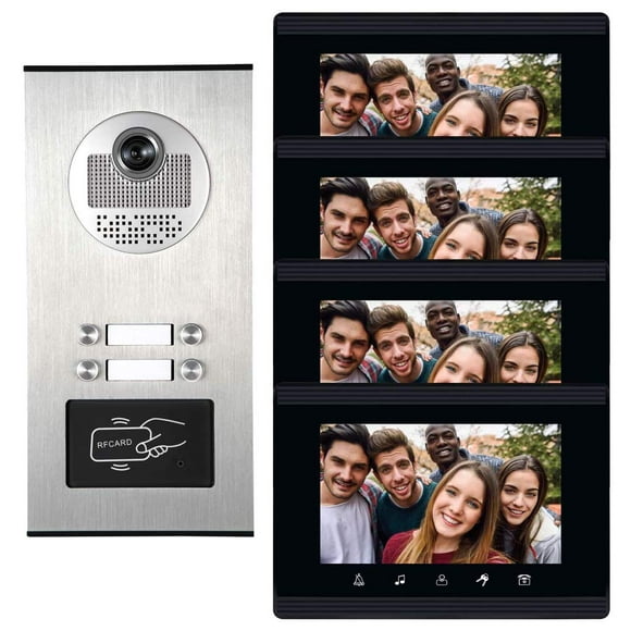 AMOCAM Upgrade Versions 4 Units Apartment Intercom System 7 inch Touch Monitor Video Door Phone Kits Support Ethernet Cable Connect, Single-Supply, ID Keyfobs Unlock for Home Apartment