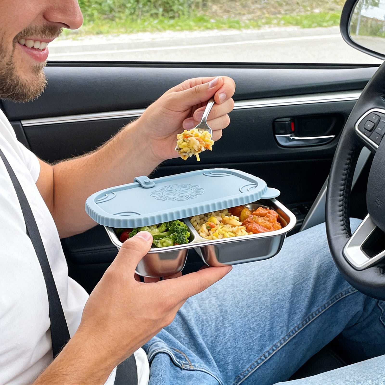 Xheghe Stainless Steel Bento Box with Silicone Lid - Leak-Proof, Two-Compartment Design for Travel, Office, or Picnic Lunches