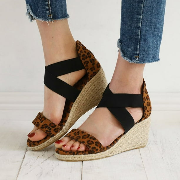 Zapatos de mujer Color Cinturón suave Tejido de leopardo Tacón inclinado Moda Cremallera Sandalias Wmkox8yii sa1600