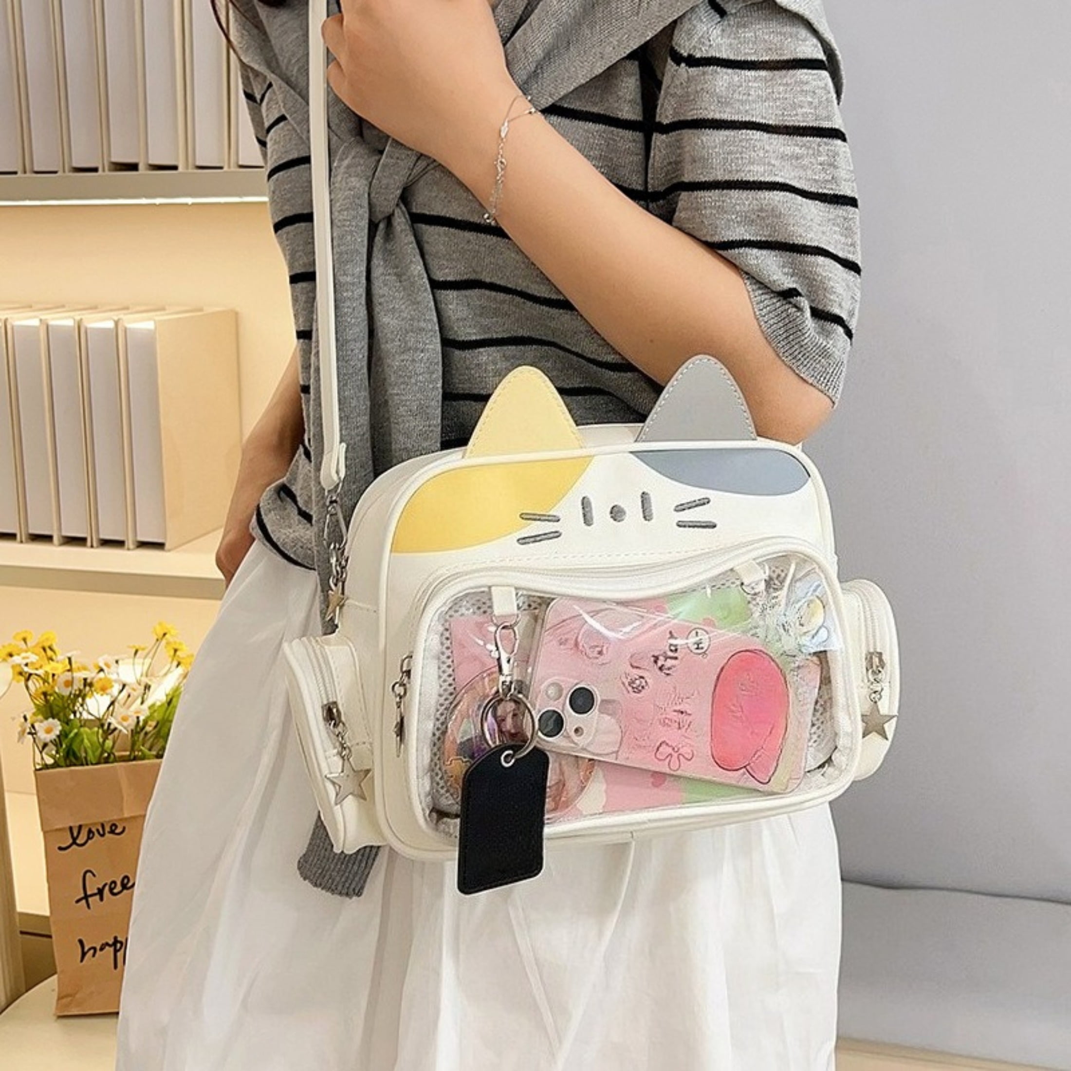 Cat Ita Bag with Clear Window - Kawaii Cat Backpack Purse, PU Leather Pin Display Bag, Adjustable Crossbody Bag for Cosplay, Christmas Halloween Gift
