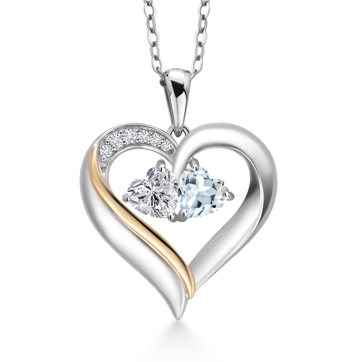 925 Silver and 10K Yellow Gold Lab Grown Diamond and Sky Blue Aquamarine Pendant Necklace for Women | 0.92 Cttw | Gemstone April Birthstone | Heart Shape 5MM | With 18 inch Silver Chain