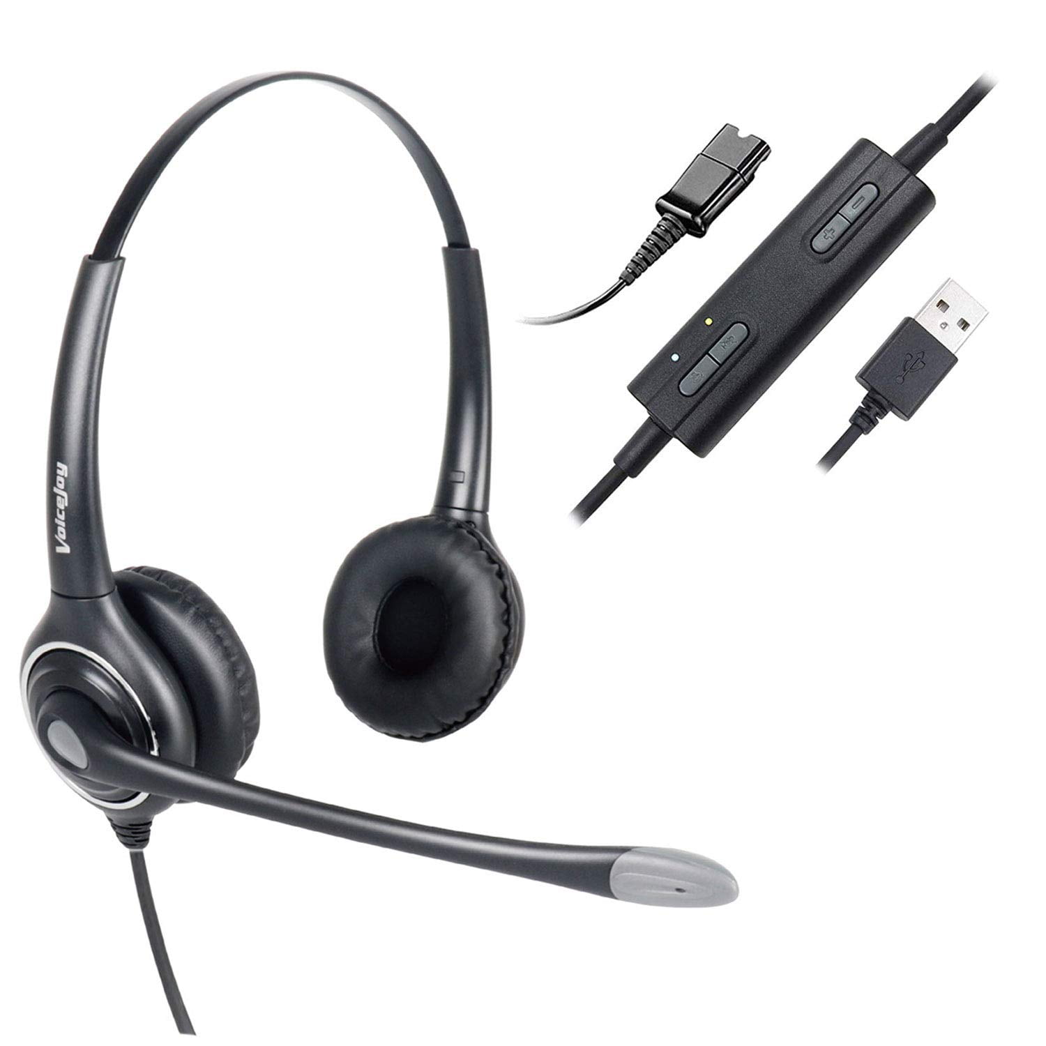 VoiceJoy USB Plug Corded Headphone Call Center Noise Cancelling Headset with Quick Disconnect