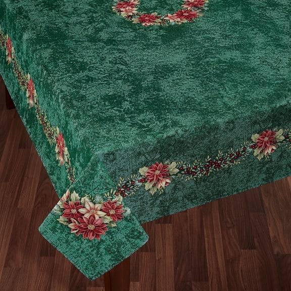 Poinsettia Wreath 118L Oblong Tablecloth, Christmas, Holiday, Washable Fabric Table Linens