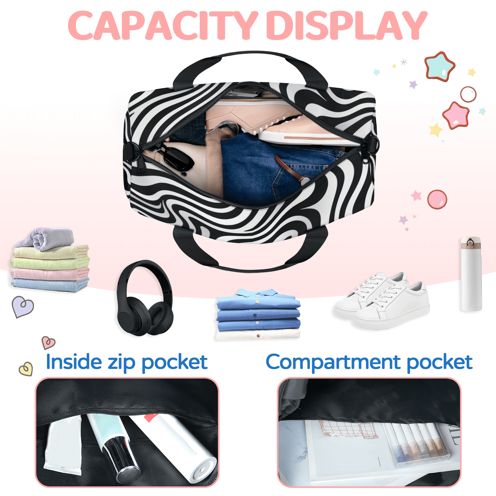 Herdesigns Zebra Printed Travel Duffle Bag Sports Yoga Weekender Overnight Carry on Workout Bags Lightweight Waterproof Gym Tote Bag for Women