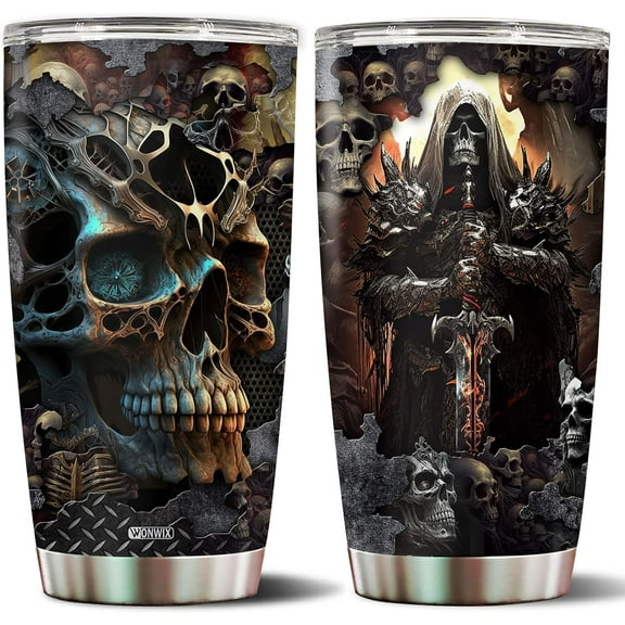 Skull Tumbler, Birthday Gifts For Men Who Love Skulls Coffee Mug Cup Christmas Valentine Gift Water Bottle Black Tumblers 20oz Stainless Steel Travel Cups With Lid