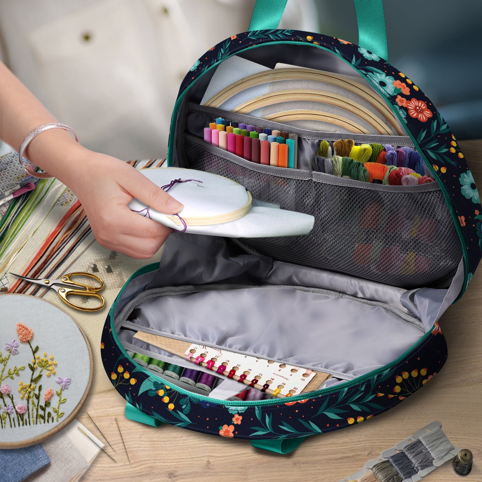 FINPAC Embroidery Project Bag, Embroidery Supplies Storage Carrying Tote Case with Multiple Pockets for Embroidery Floss, Embroidery Hoops, Thread, Stitch Tools Kit, Navy Bloom (Carrying Case only)