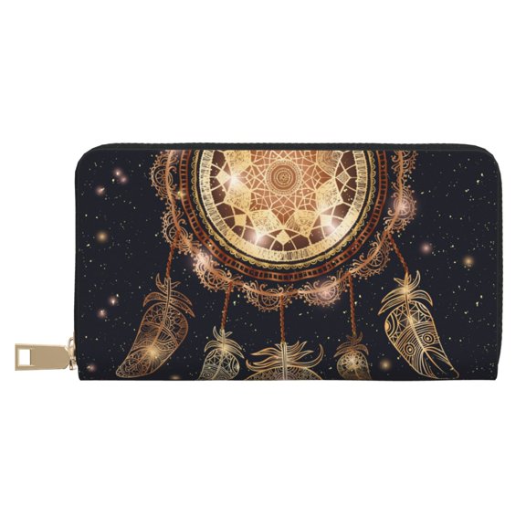 Leather Thin Slim Wallets for Women Men - Dreamcatcher With Mandala Clutch Card Wallet for Women Men with Zipper