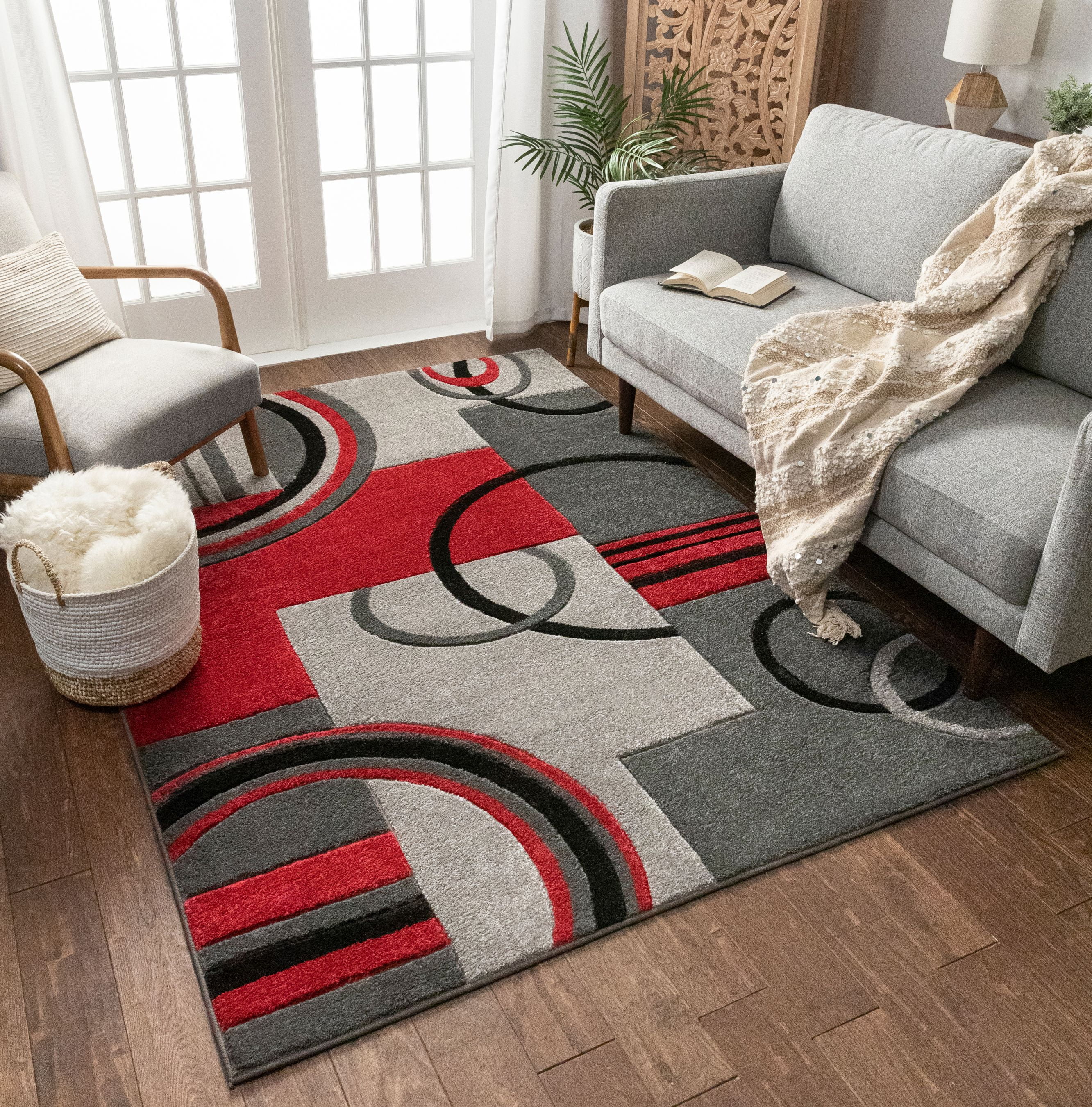 Echo Shapes & Circles Red / Grey Modern Geometric Comfy Casual Hand Carved Area Rug 5x7 ( 5'3" x
