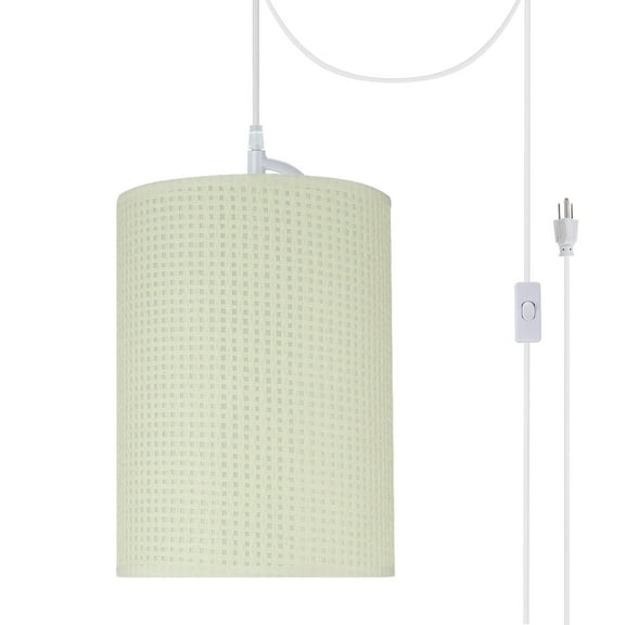 Aspen Creative 71123-21 One-Light Plug-In Swag Pendant Light Conversion Kit with Transitional Drum Fabric Lamp Shade, Beige, 8" width