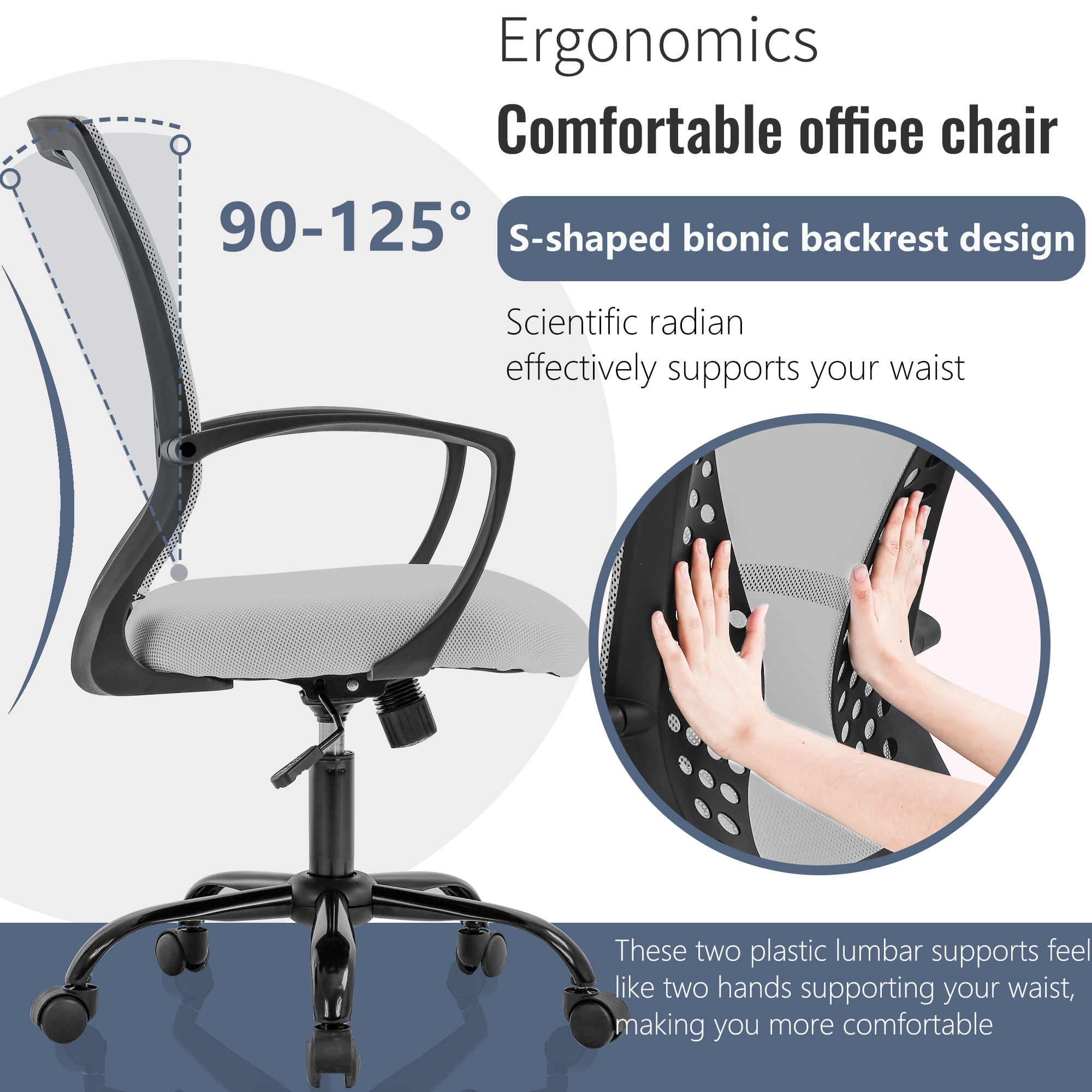 FDW Ergonomic Office Chair, Lumbar Support, Swivel Rolling for Men, Women(Grey)