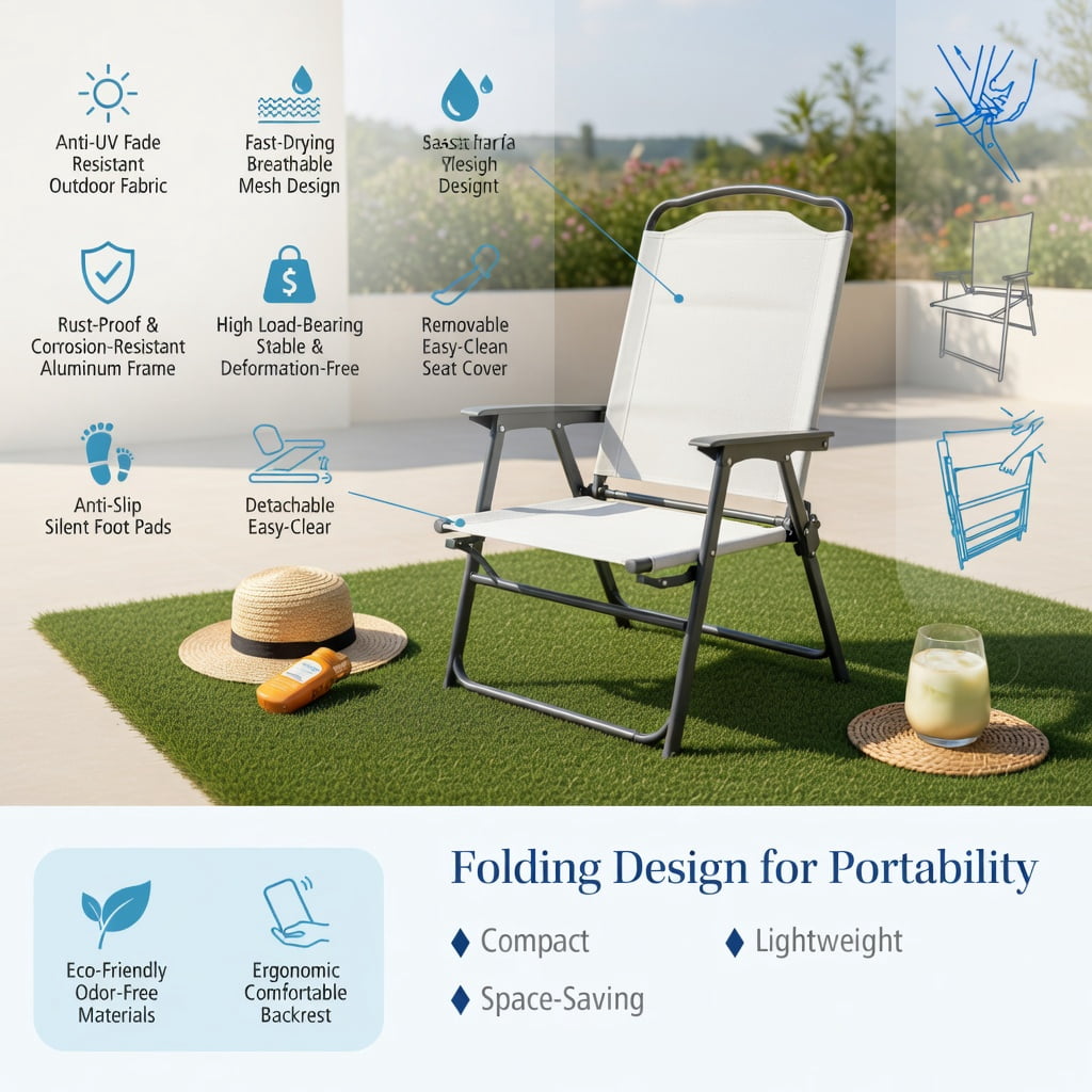 Hommoo 4-Pack Folding Patio Chairs, Rust-Resistant Metal Frame, Fabric, High-Back Comfort Design for Backyard, Deck & Camping, White