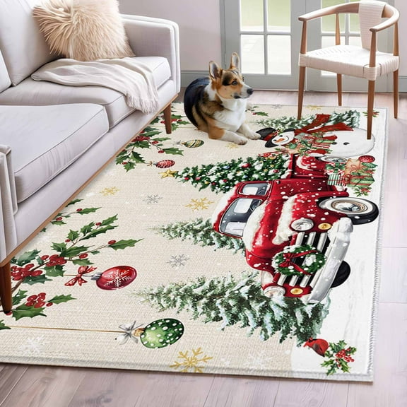 Christmas Area Rug 4x6 Washable Rug Non Slip Xmas Snowman Truck Snowflake Tree Balls Rustic Large Area Rug Indoor Floor Carpet for Entryway Bedroom Kitchen Living Room Home Office Dining Room Nursery
