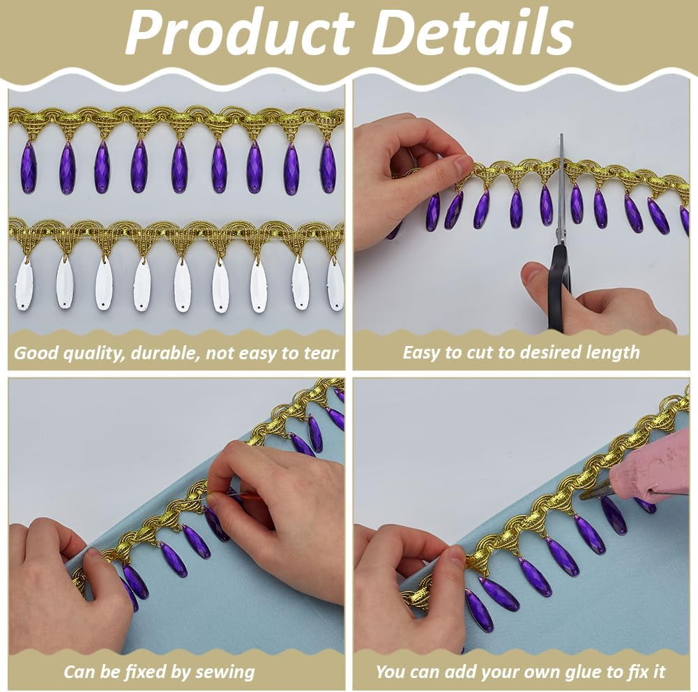 Polyester Lace Ribbon with Plastic Teardrop Charms Tassel Wave Edge Lace Trim Clothes Accessories Blue Violet 1-3/4 inch(45mm)